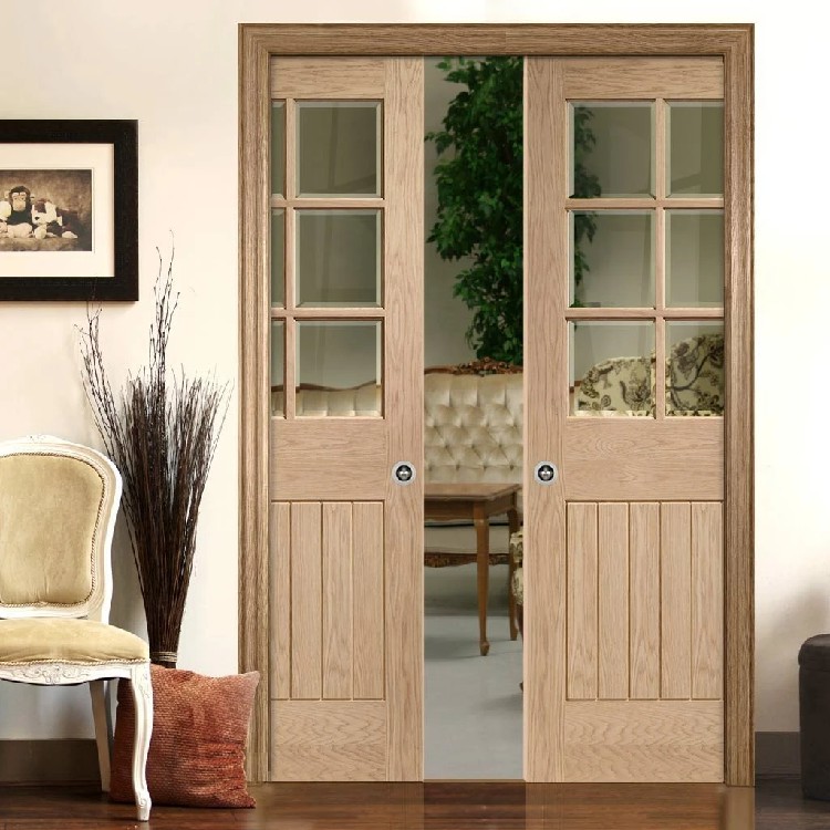 Interior French Style Double Sliding Pocket Wood Door with Glass - Hanse