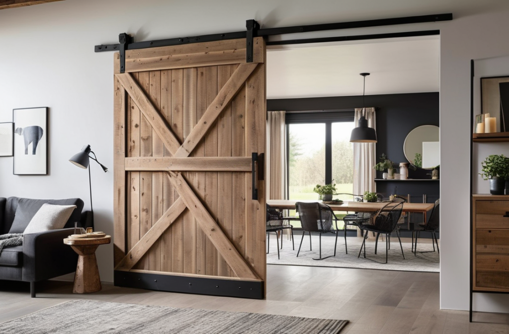The barn door made of recycled pine wood is on display, with the surface retaining the original chisel marks and weathered texture. It is paired with a black industrial-style sliding rail system and installed in a modern-style living room as a spatial partition