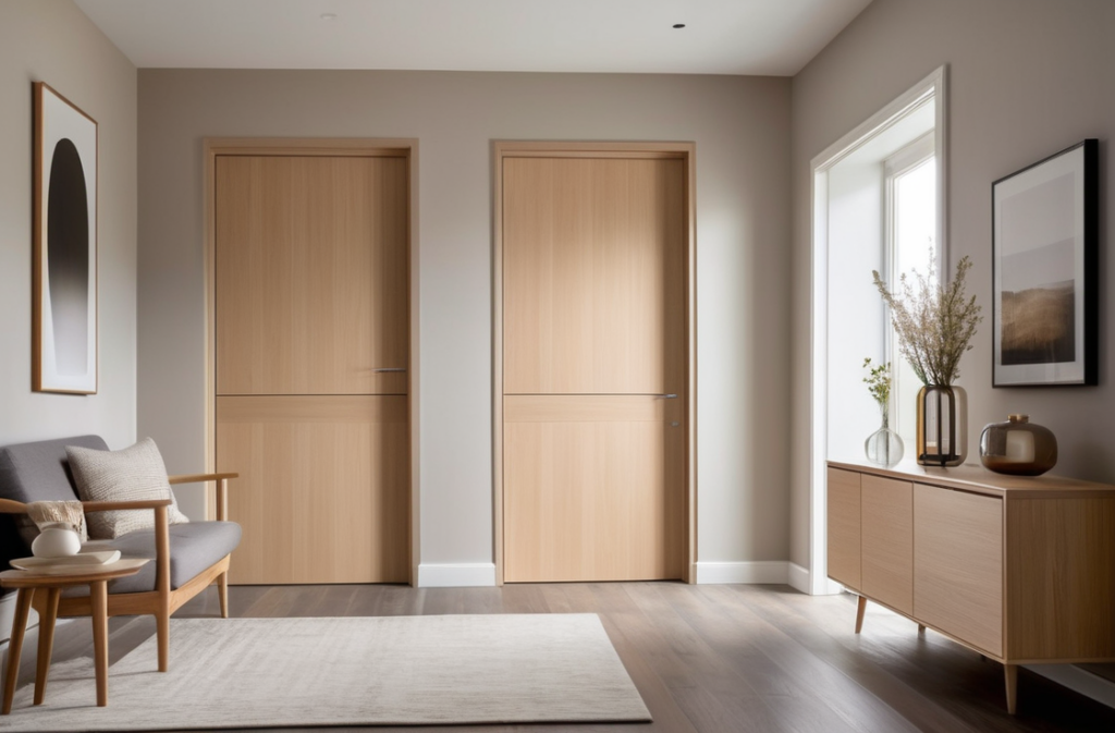 modern living room with melamine wood interior doors in light oak finish, minimalist furniture and soft lighting, stylish hallway with white melamine doors and clean lines, cozy and contemporary decor
