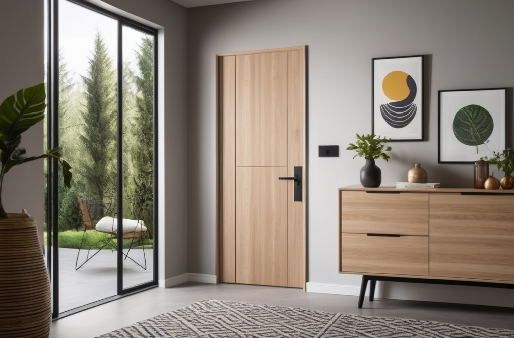 affordable home interior with stylish melamine doors, simple decor on a budget, eco-label on melamine door with forest icon, sustainable material symbols in background