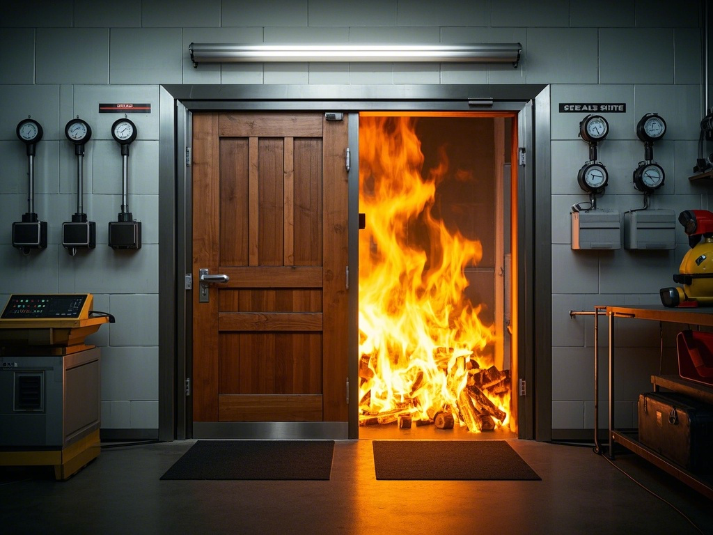 fire-rated wood door cross-section showing treated wood core with gypsum board and mineral wool insulation layers, intumescent seal strips visible along edges, hyperrealistic technical illustration with fire resistance labels (30/60/90/120 minutes)