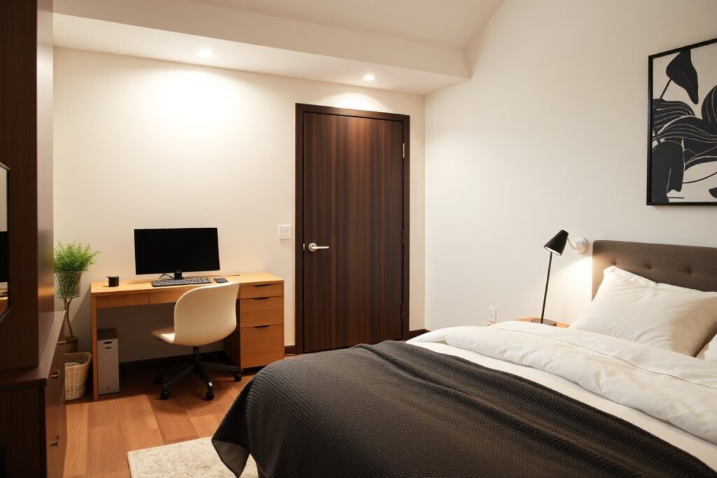 home office with closed melamine door, quiet atmosphere ideal for remote work, bedroom with dark tone melamine door providing acoustic privacy, soft lighting and tranquil feel