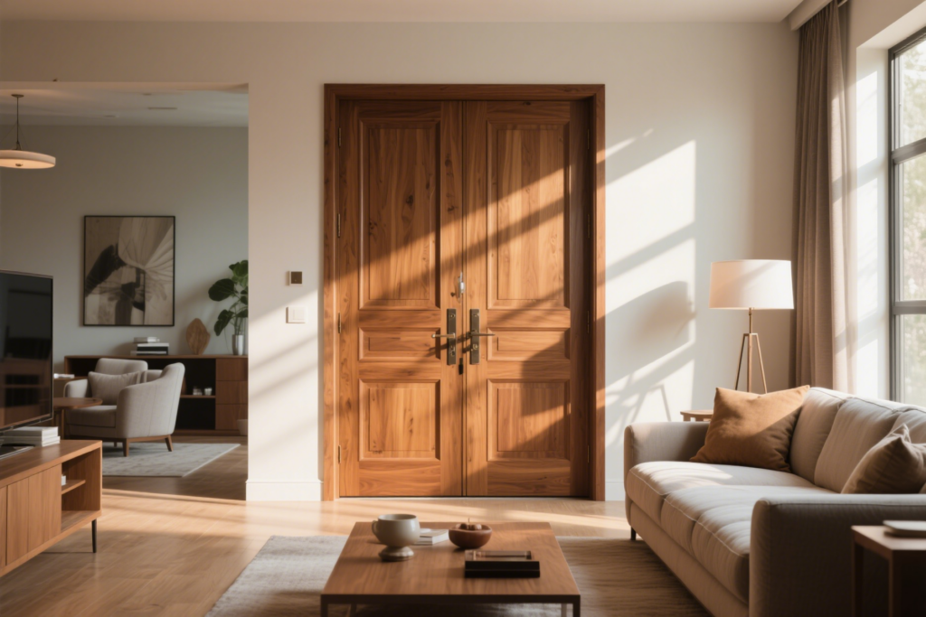elegant wooden front door in modern living room, natural sunlight streaming in, stylish interior with warm tones, sense of security and sophistication