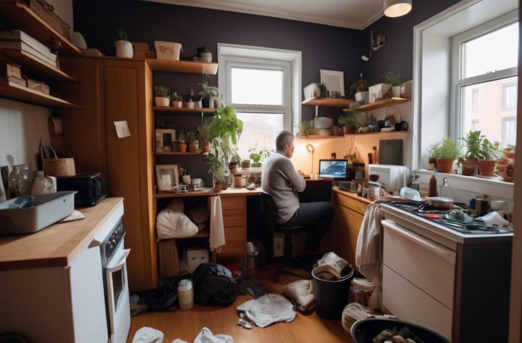 cluttered small apartment with lack of storage, items scattered around, visible frustration on resident’s face, contrast between mess and small space