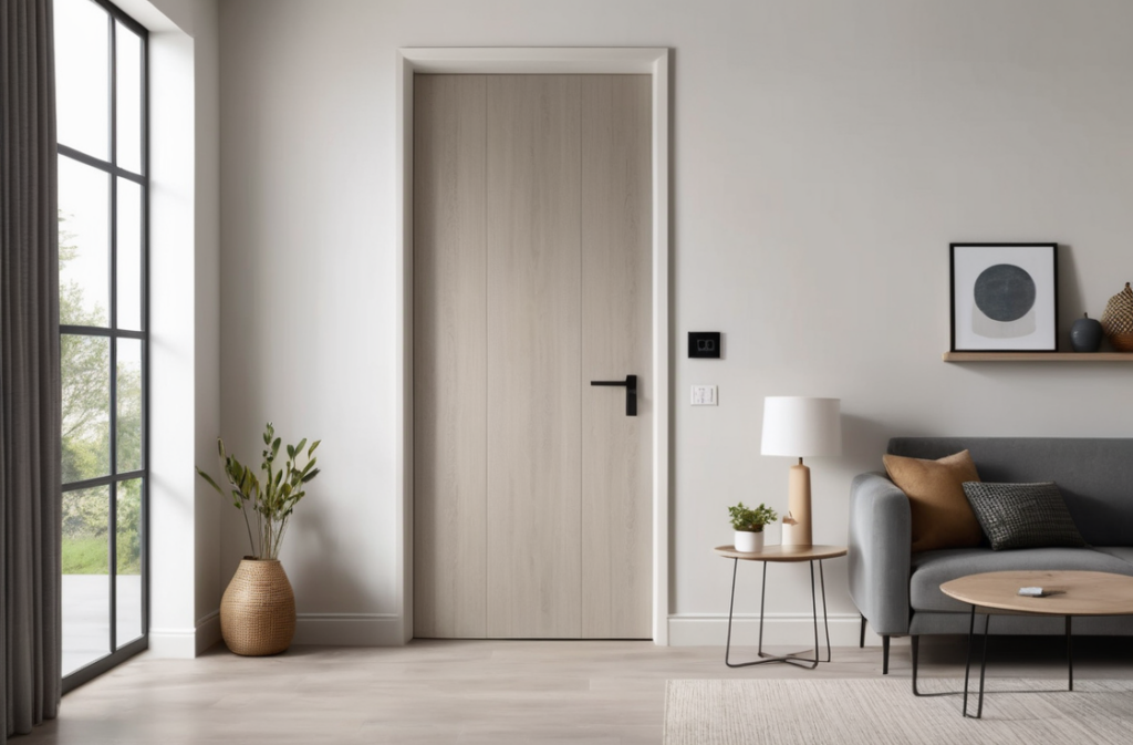 modern WPC door installation, clean minimalist interior, waterproof surface, wood grain texture, matte finish, light neutral wall background