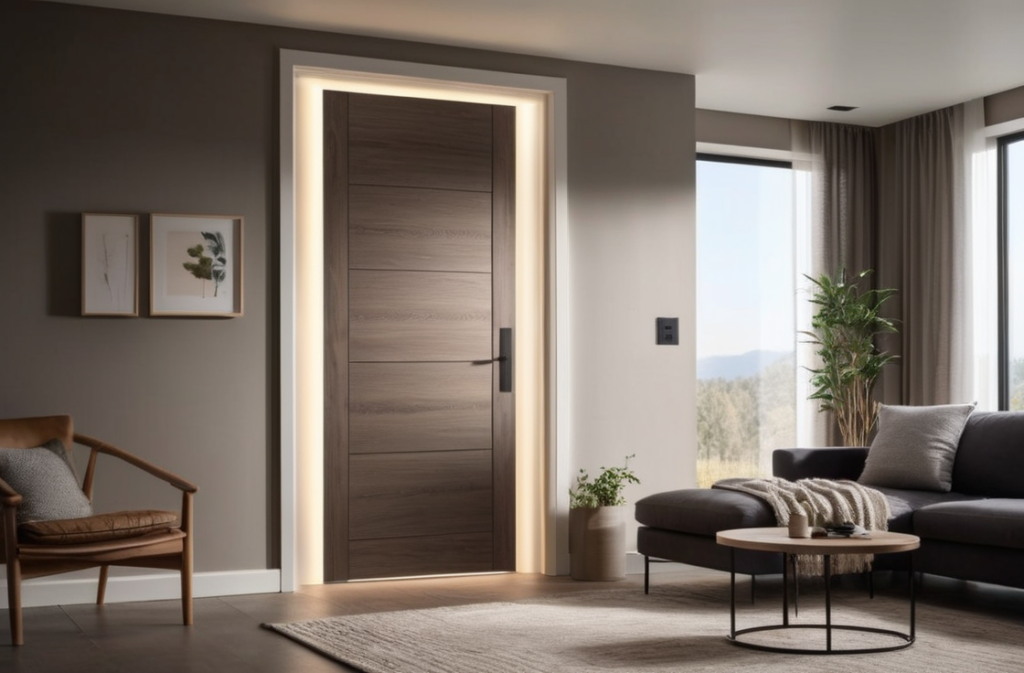realistic WPC door installed in a modern home interior, clean and waterproof look, wood-like texture, warm lighting